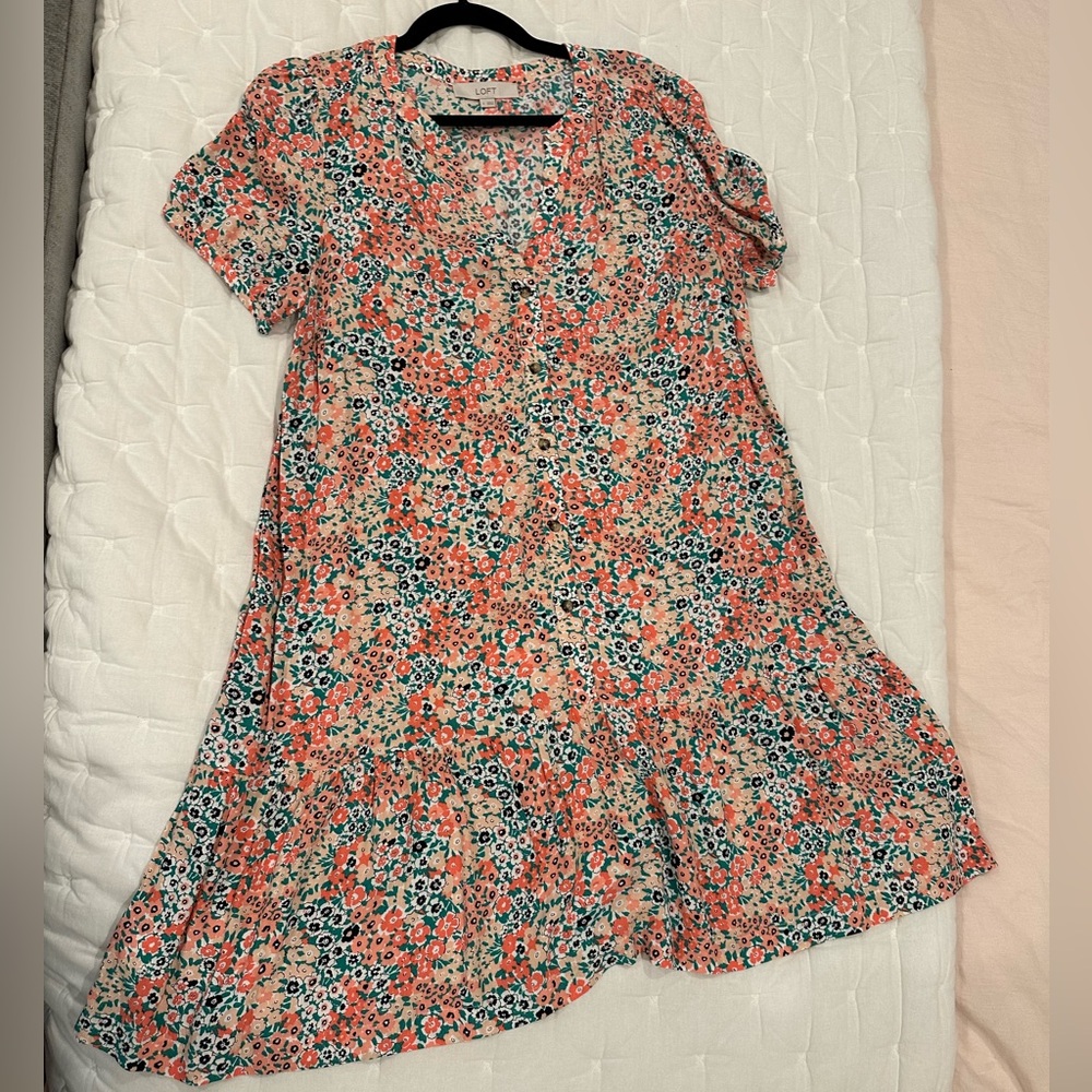 LOFT Floral Midi Dress - Coral and Navy